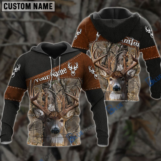 BlueJose Customized Name Deer Hunting Brown Leather Pattern 3D Shirts