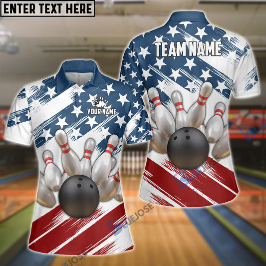 BlueJoses Bowling US Flag Customized Name, Team Name 3D Shirt for Women (4 Colors)