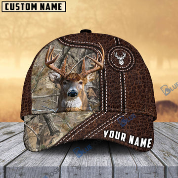 BlueJose Deer Hunting Premium Leather Pattern Personalized Name Cap (4 Colors)