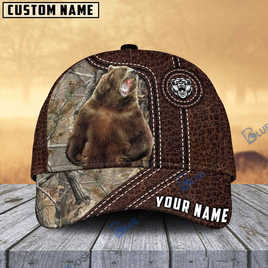 BlueJose Bear Hunting Premium Leather Pattern Personalized Name Cap (4 Colors)