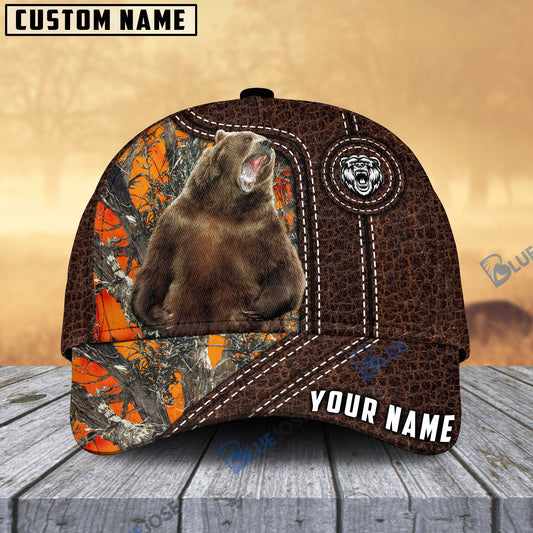 BlueJose Bear Hunting Premium Leather Pattern Personalized Name Cap (4 Colors)