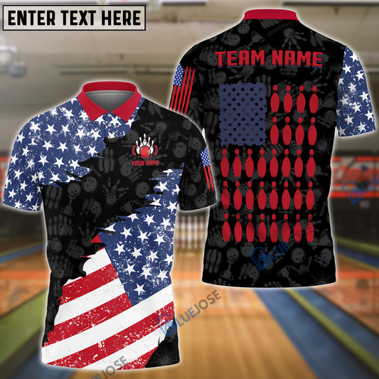 BlueJoses Bowling And Pins US Flag Bowling Pattern Customized Name, Team Name 3D Shirt (Black & White)