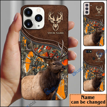 BlueJose Elk Hunting Leather Pattern Personalized Name Phone Case (4 colors)