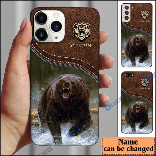 BlueJose Bear Hunting Leather Pattern Personalized Name Phone Case