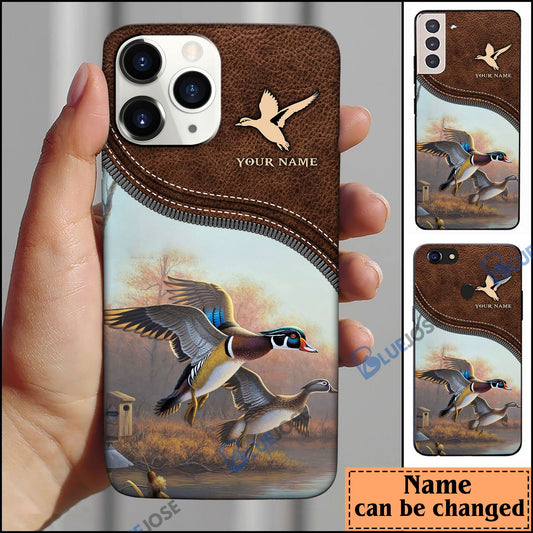 BlueJose Duck Hunting Leather Pattern Personalized Name Phone Case