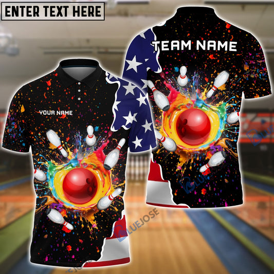 BlueJoses Bowling And Pins Colorful Paint Flag Personalized Name Team Name 3D Shirt, Personalized Shirts For Bowling Players