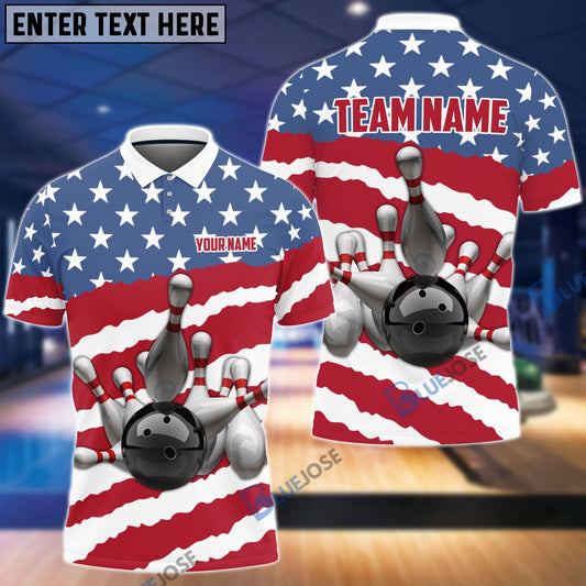 BlueJose Bowling and Pins Lightning American Flag Personalized Name 3D Shirt, Personalized Shirts For Bowling Players