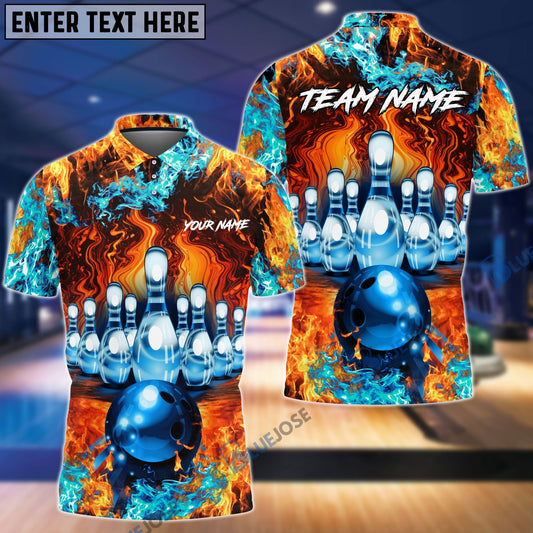 BlueJoses Bowling And Pins Fire Power Pattern Multicolor Personalized Name 3D Shirt, Personalized Shirts For Bowling Players