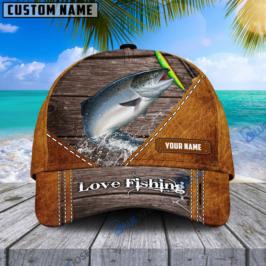 BlueJose Custom Name Salmon Fishing Leather Pattern Cap