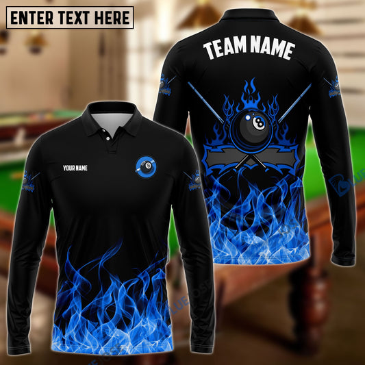 BlueJose Personalized Billiards 8-Ball Blue Fire Pattern Shirt