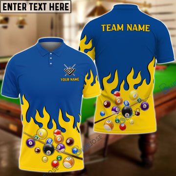 BlueJose Billiards Blue & Yellow Fire Personalized Name Shirt