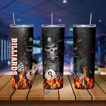 BlueJose Billiards Skull Fire Skinny Tumbler