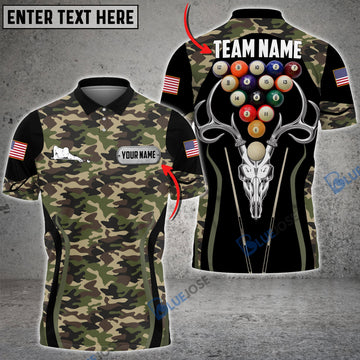 BlueJose Billiards Camo Pattern USA Flag Personalized Name, Team Name Unisex Shirt