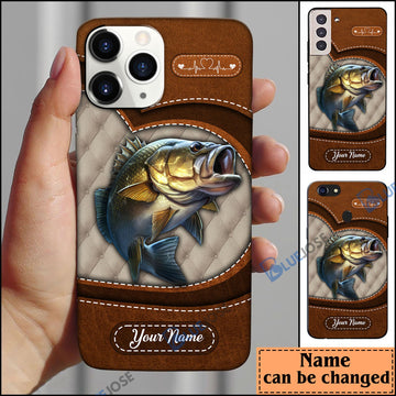 BlueJose Bass Fish Heart Leather Pattern Personalized Name Phone Case