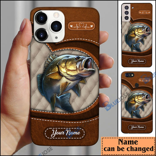 BlueJose Bass Fish Heart Leather Pattern Personalized Name Phone Case