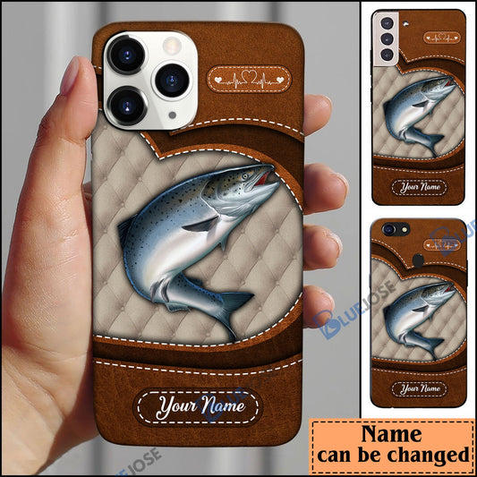 BlueJose Salmon Fish Heart Leather Pattern Personalized Name Phone Case