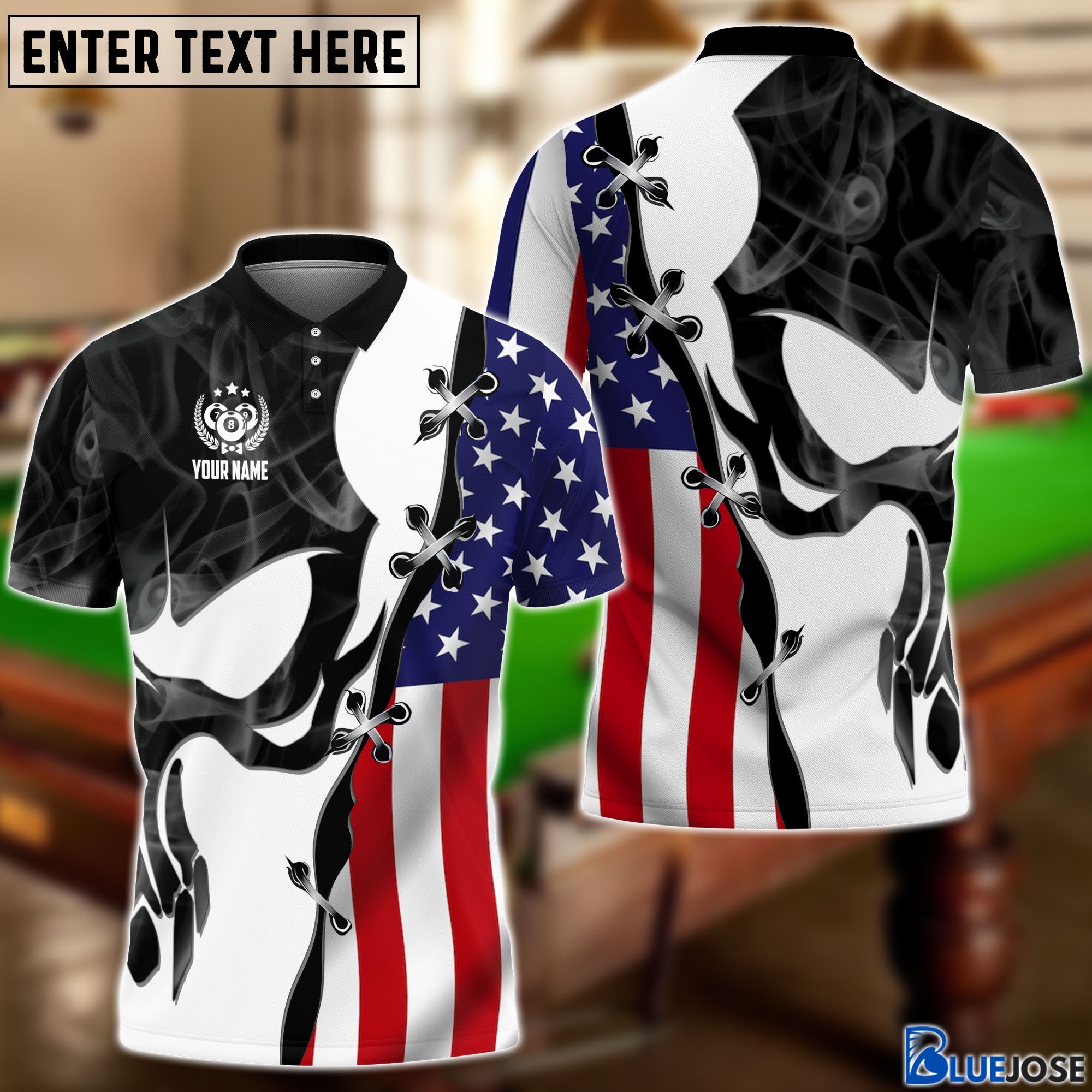 BlueJose Billiards Skull USA Flag Personalized 3D Shirt – Blue Jose