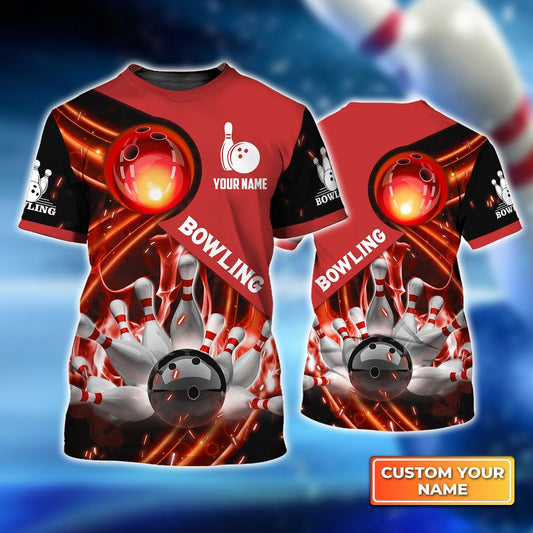 BlueJose Red Bowling Ball In Fire Personalized Name3D Shirt