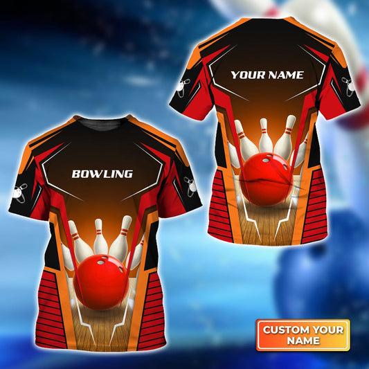 BlueJose Mens Bowl Pin And Red Bowling Ball Personalized Name 3D Shirt