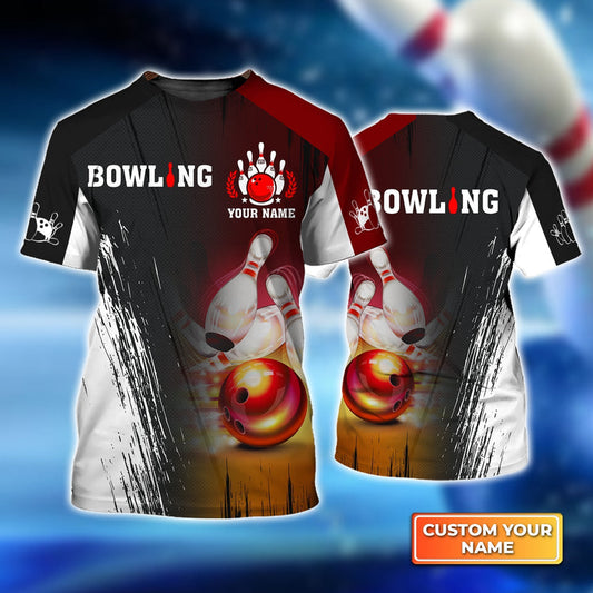 BlueJose Red Bowling Ball Crashing Pins Personalized Name 3D Shirt