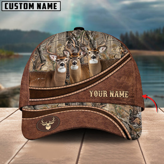 BlueJose Deer Hunting Personalized Name Brown Carving Leather Pattern 3D Classic Cap