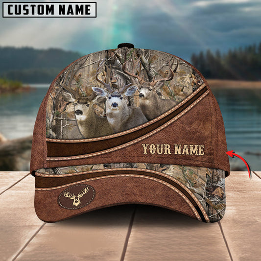 BlueJose Mule Deer Hunting Personalized Name Brown Carving Leather Pattern 3D Classic Cap