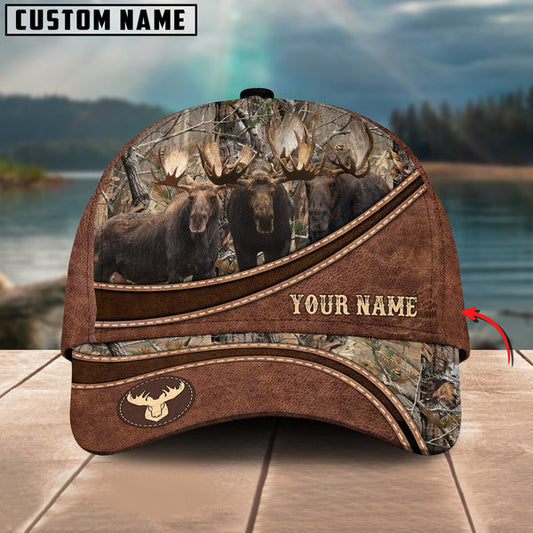 BlueJose Moose Hunting Personalized Name Brown Carving Leather Pattern 3D Classic Cap