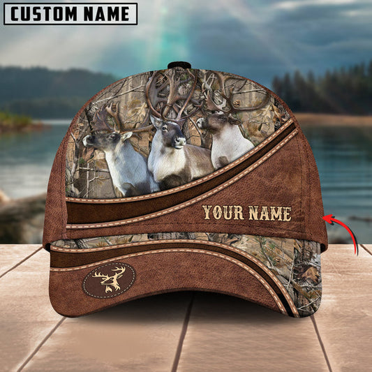 BlueJose Caribou Hunting Personalized Name Brown Carving Leather Pattern 3D Classic Cap