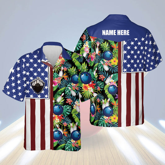 BlueJose Bowling USA Flag Personalized Name Hawaiian Shirts