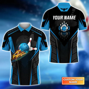 BlueJoses The Blue Bowling Ballin Flames Breaks White Skittles 2 Personalized Name 3D Shirt