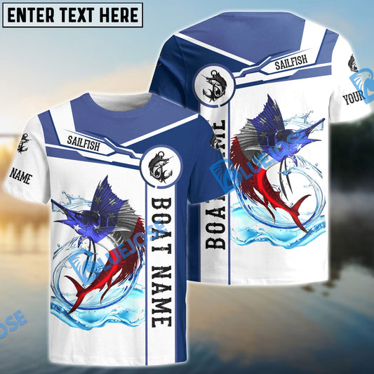 BlueJose Sailfish Fishing American Flag Custom Name And Boat Name 3D Shirts