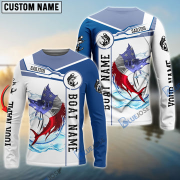 BlueJose Sailfish Fishing American Flag Custom Name And Boat Name 3D Shirts