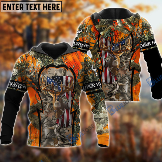 BlueJose Deer Hunting American Flag Customize Name 3D Shirt