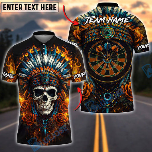 BlueJose Darts Chief Skull Feather Headdress Fire Dartboard Multicolor Options Personalized Name Shirt (4 Colors)