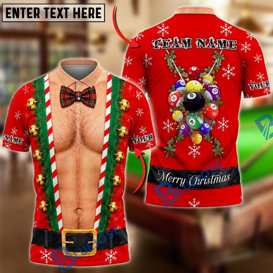 BlueJoses Billiards 8 Ball Ugly Christmas Funny Hairy Chest Bowtie Jingle Bells Snowflakes Belt Mankini Customized Name, Team Name 3D Shirt
