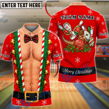 BlueJose Bowling Ball & Pins Ugly Christmas Funny Hairy Chest Bowtie Jingle Bells Snowflakes Belt Mankini Customized Name, Team Name 3D Shirt