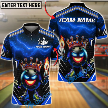 BlueJose Bowling Crown Bowling Ball Character Lightning Design Customized Name, Team Name 3D Shirt (4 Colors)