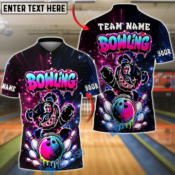 BlueJose Bowling And Pins Graffiti Teddy Bear Customized Name, Team Name 3D Shirt (6 Colors)