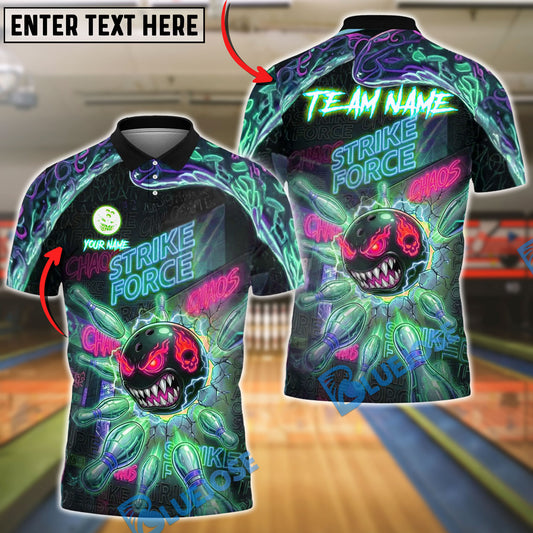 BlueJose Bowling Neon Monster Strike Force Chaos Art Customized Name, Team Name 3D Shirt (4 Colors)