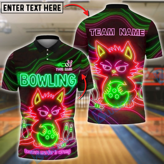 BlueJose Bowling & Pins Angry Cat Neon Graphic Customized Name, Team Name 3D Shirt (4 Colors)