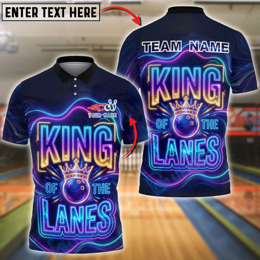 BlueJose Bowling & Pins Neon King of the Lanes Typography Graphic Customized Name, Team Name 3D Shirt (4 Colors)