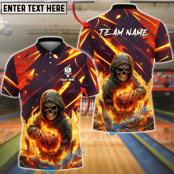 BlueJose Bowling Fire Reaper Skull Flame Customized Name, Team Name 3D Shirt (4 Colors)