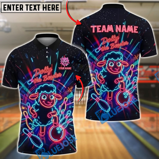 BlueJose Bowling & Pin Neon Dolly the Bowler Sheep Customized Name, Team Name 3D Shirt (4 Colors)