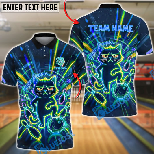 BlueJose Bowling & Pin Neon Grumpy Cat Hate People Art Customized Name, Team Name 3D Shirt (4 Colors)