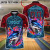 BlueJose Bowling And Pins Shark Bite Flame Graphic Customized Name, Team Name 3D Shirt (4 Colors)