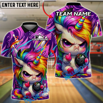 BlueJose Bowling And Pins Angry Rainbow Unicorn Customized Name, Team Name 3D Shirt