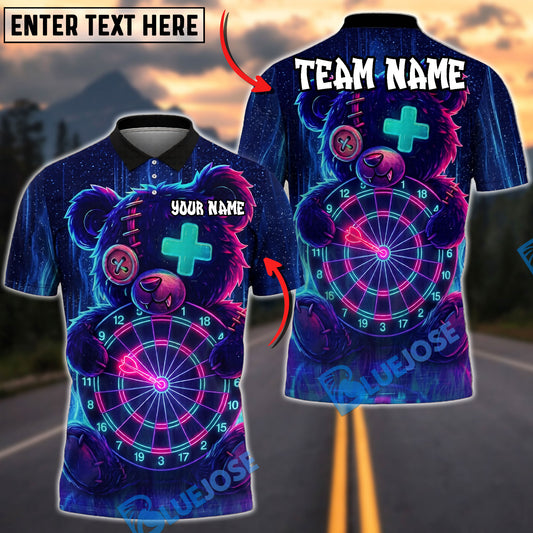BlueJose Darts Teddy Bear Neon Glow Personalized Name, Team Name Unisex Shirt (4 Colors)