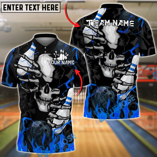 BlueJose Bowling And Pins Flaming Skull Crack Graphic Customized Name, Team Name 3D Shirt (4 Colors)