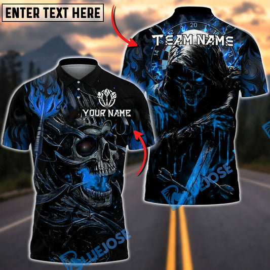 BlueJose Darts Grim Reaper Skull Flame Dark Fantasy Design Personalized Name, Team Name Unisex Shirt (4 Colors)
