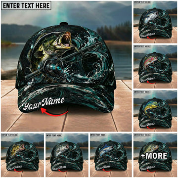 BlueJose Fishing Dark Ocean Swirl Rod Splash Personalized Name Classic 3D Cap Personalized Cap (13 Breeds)